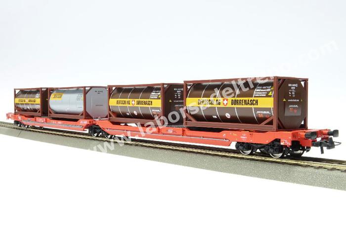 Roco - 77389 Carro intermodale bi-modulo OBB Rail Cargo Wagon tipo T3000e,  telaio rosso, caricato con quattro container per liquidi 'Bertschi AG',  epoca VI